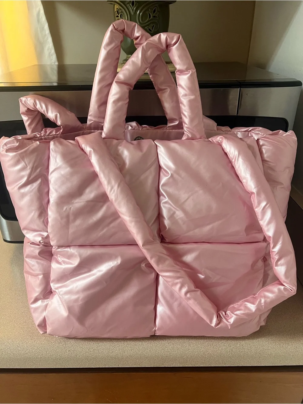 Padded Quilted Tote Bag in Soft Pink